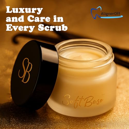SoftBeso by AlignerOff Sugar Lip Scrub – Vanilla Lip Exfoliator for Dry, Chapped Lips – Moisturizing Formula with Vitamin E, Coconut, Jojoba & Olive Oils – For Men & Women – Ideal for Gifting