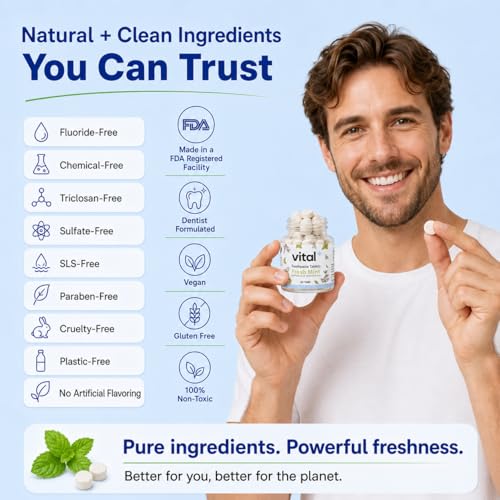 Vital Toothpaste Tabs with 7% Nano-Hydroxyapatite | Naturally Whitens + Remineralizes Teeth | Fluoride & Plastic Free | Combats Sensitivity | Travel & Eco Friendly | Fresh Mint | 248 Tablets (4 Month) 248 Count (Pack of 1)