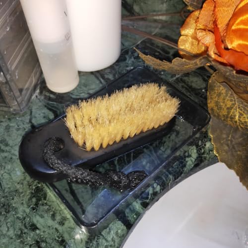 NewFerU Wooden Nail Brush Cleaner Black with 100% Natural Boar Bristles Black With Rope
