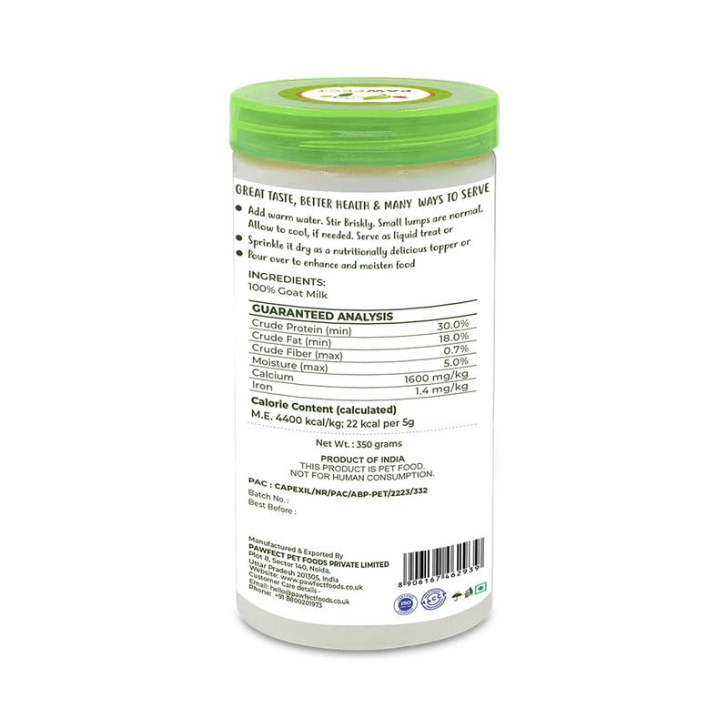 Pawfect Nature's Sip 100% Natural Goat Milk Powder for Dogs & Puppies- Easily Digestible- Source of Vitamins, Minerals & Probiotics- Healthy Topper- Hydration Support- 70 Scoops (350g/12.34oz)