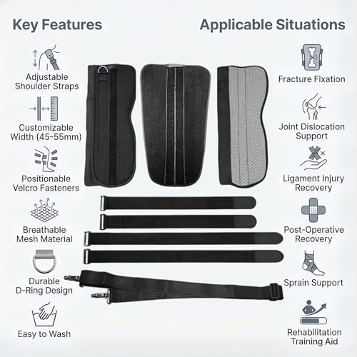 Knee Immobilizer Brace with Adjustable Shoulder Strap, Leg Immobilizer Support with 4 Removable Aluminum Strips, Breathable Mesh Knee Splint for Post-Surgery Recovery, Ligament Injury & Fracture Support, L Sizes-black