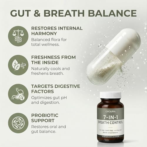 Ovouria Breath and Gut Balance, 7-in-1 Advanced Breath Restoration Formula for Oral & Digestive Balance, Helps Manage Bad Breath Naturally, Vegan & Non-GMO, 60 Capsules