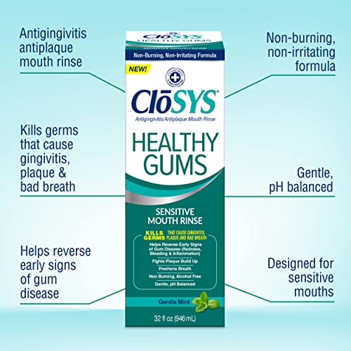 CloSYS Healthy Gums Oral Rinse Mouthwash - 32 Fl Oz & Sensitive Mouthwash, 32 Ounce, Gentle Mint, Alcohol Free, Dye Free, pH Balanced 32 Fl Oz (Pack of 2)