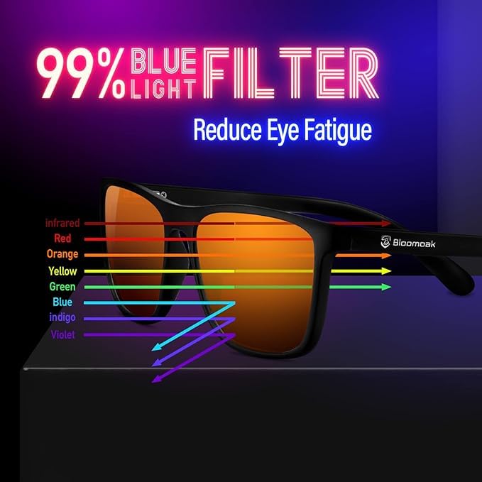 Bloomoak-99% Blue Green Light Blocking Glasses - Gaming Glasses - Anti Glare - Anti Fatigue -Suitable for Screens, Games, TVs 99% - Matte Black (Hard Case Included) Orange Lens - Night - BeesActive Australia