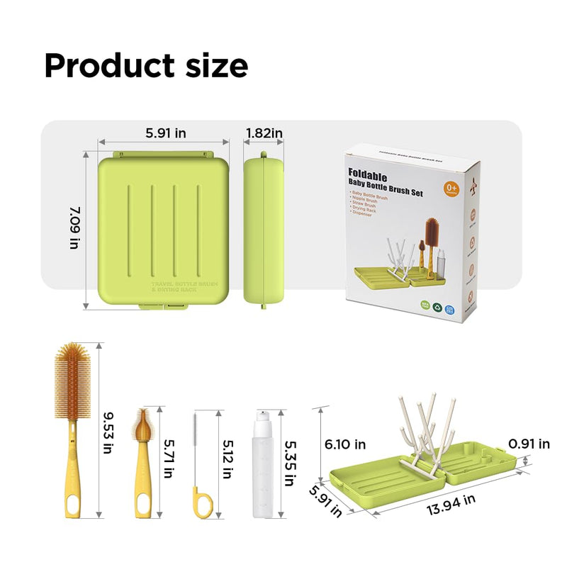 Travel Bottle Brush, Travel Bottle Cleaner Kit with Foldable Bottle Drying Rack, for Visit Friends and Relations, Baby Travel Essentials, BPA Free, Green - BeesActive Australia