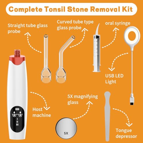 Electric Tonsil Stone Remover Vacuum，Tonsil Stone Removal Kit, 5X Magnifying Glass & LED Light, with Cleaning Syringe, Tongue Depressor, Straight/Curved Glass Tubes, Painless Removal and Fresh Breath
