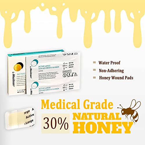 L-Mesitran Medical Grade Honey Bandages (5 Pieces in 1 Pack) - 30% Honey - Wounds Healing Waterproof Medicated Non-Adhering Sterile Gauze Pads Dressing to Cover Small Cuts, Abrasions, Burns 5 Count Bandages 30% Honey