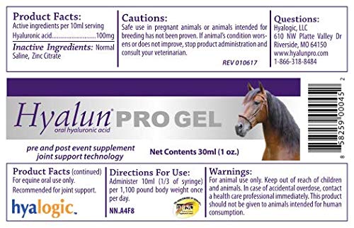 Hyalogic Hyaluronic Acid Gel for Horses Orally Administered with Syringe for Equine Joint & Cartilage Support - Hyalun Pro Gel - 1 oz / 30 ml (3 full doses) - Pre- and Post-Event Booster