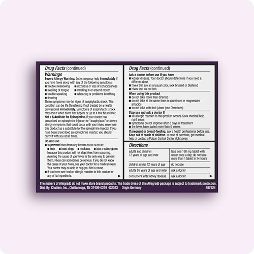 Allegra Adult Hives Antihistamine, Non-Drowsy, 24-Hour Tablets, 30-Count 30 Count (Pack of 1)