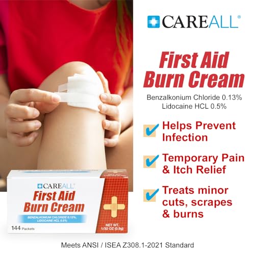 CareAll First Aid Burn Cream 0.9g Packets (Pack of 144) Pain Relieving First Aid Cream for Temporary Relief of Pain from Minor Burns, Cuts, and Scrapes with Benzalkonium Chloride and Lidocaine HCI