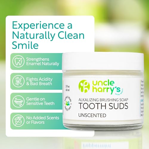 Uncle Harry's Non-Abrasive Unscented Brushing Soap Tooth Suds | Natural Remineralizing Toothpaste Freshens Breath & Promotes Enamel | Vegan Fluoride Free Toothpaste (2 oz) (Pack of 2) 2 Fl Oz (Pack of 2)