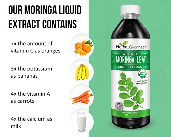 Herbal Goodness Organic Moringa Leaf Extract Liquid 12 Fl. oz - Tincture | Energy & Immune Support, Organic and Highly Bioavailable Alternative to Moringa Capsules & Powder Organic, Non-GMO