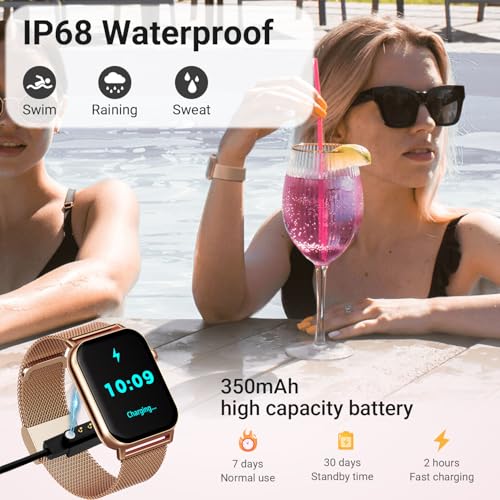 Trendia Smart Watches for Women, 1.83'' HD Fitness Tracker with Answer/Make Calls, Heart Rate/Sleep/SpO2 Monitor, 120+ Sport Modes, IP68 Waterproof, Compatible iPhone/Android Gold