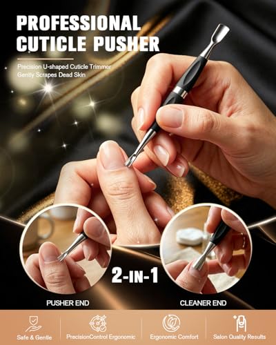 FERYES 2-in-1 Professional Cuticle Pusher & Remover Tool with Non-Slip Silicone Handle, Stainless Steel Nail Cleaner Tool for Manicure, Cuticle Remover Tool for Home & Salon Use-Black Black