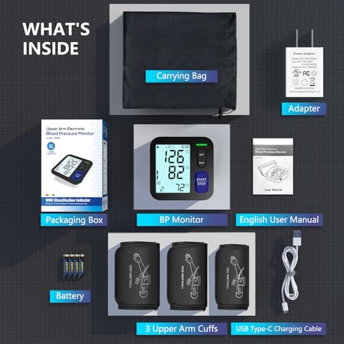 Upper Arm Blood Pressure Machine - 3 Size Cuffs, Small 7"-9", Medium 9"-17" and Extra Large XL 13"-21" for Big Arms, Accurate Automatic Digital BP Machine for Home Use, Large Display, 3 Users Small, Medium/Large & XL Cuff Sizes