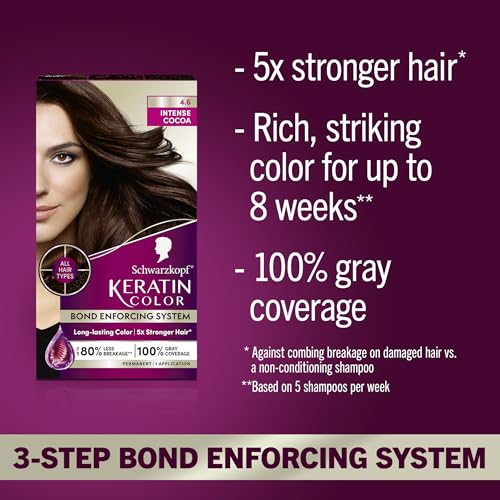 Schwarzkopf Keratin Permanent Hair Dye Cream, 4.6 Intense Cocoa, Professional Quality Color for Up to 100% Gray Coverage, Bond Enforcing System (Pack of 2) 1 Count (Pack of 2)