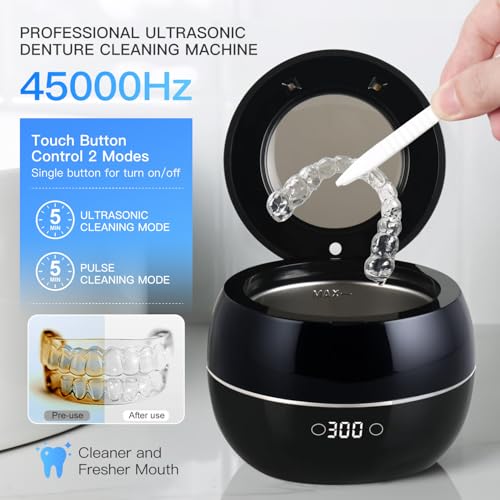 Dental Ultrasonic Retainer Cleaner Machine: 45kHz Dental Cleaning Pod for Denture, Aligner, Mouth Guard, Night Guard, Braces & Jewelry, UV Denture Cleaner with Digital Timer & Dual Mode 250ML Black