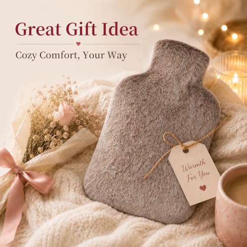 Hot Water Bottle with Luxury Cosy Faux Fur Cover, 2L Leakproof Hot Water Bag for Neck, Shoulder Pain Relief, Hot and Cold Therapies for Women,Men, Brown