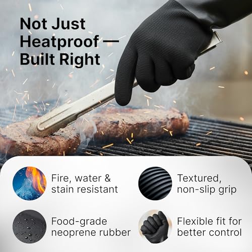 BBQ Gloves - Waterproof and Extreme Heat Resistant up to 932°F - Food-Grade Neoprene Rubber Mitts for Cooking, Grill, Grilling, Oven, Baking, Fire Pit - Non-Slip Grip, Cotton Lining and 14” Sleeve Medium