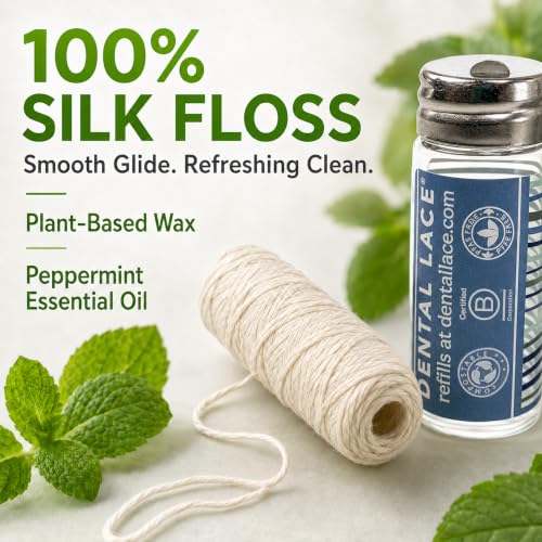 Dental Lace Refillable Silk Dental Floss, Mint, Waxed, PFAS Free, 2 Pack Waves Container (Pack of 2)