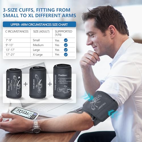 Blood Pressure Machine Upper Arm, 3 Size Cuffs, Small 7"-9", Medium/Large 9"-17" and Extra Large XL Cuff 13"-21", Accurate Automatic Digital BP Cuff Home Use, Large Backlit BP Monitor 3-User 1500 Mem Small, Medium/Large & XL Sizes
