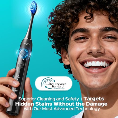 COSLUS C30 Electric Toothbrush for Adults & C60 Rechargeable Rotating Electric Toothbrush for Deep Clean Black Pink 2-Pcs