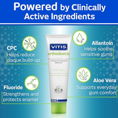 Vitis Toothpaste, 100ml - Orthodontic with Nano Repair, Apple Flavor - Gingivitis Prevention, Tartar Control, Tooth Decay Prevention, Remineralization, Enamel Protection