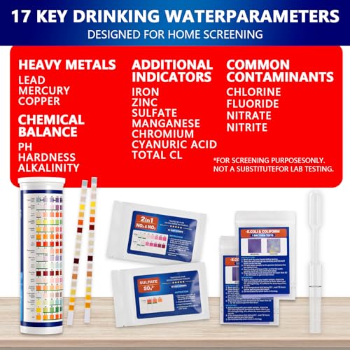 Water Test Kit for Drinking Water, 23-in-1 Water Test Strips for Tap & Well Water, Tests Hardness, Lead, Iron, Copper, Chlorine, Fluoride, pH, Nitrate & More, Fast Home Water Testing, 155 Strips 1