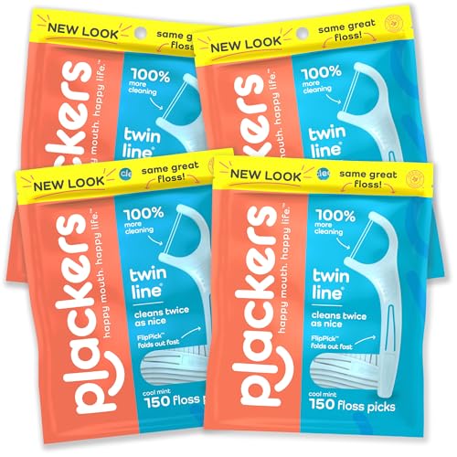 Plackers Twin-Line Dental Flossers Pack of 4, 600 Count and 300 Count, Dual Action Flossing System, Super Tuffloss, Cool Mint Flavor