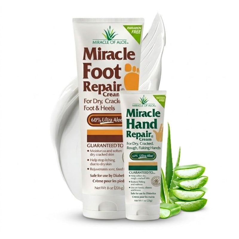 Miracle Foot Repair Cream, 8 oz + 1 oz Miracle Hand Repair, Healing Aloe Vera Lotions for Dry, Cracked Hands and Feet (8 oz Foot Cream + 1 oz Hand Cream) Foot Combo Pack - BeesActive Australia