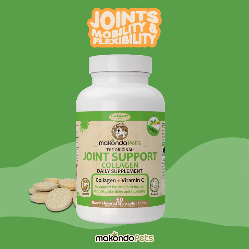 Collagen for Dogs & Cats - Collagen Supplements for Joint Health - Vitamin C Supplement for Joint Mobility - Joint Support Supplement for Dog & Cats - Bacon Flavored Tablets (60 Count) 60 Count (Pack of 1) - PawsPlanet Australia