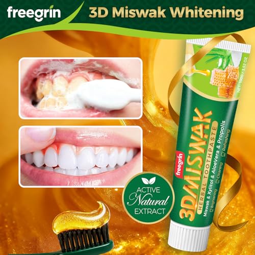 6 Pack Organic Miswak Herbal Whitening Toothpaste | Gums & Refreshing-with Miswak & AloeVera Leaf & Propolis Extract,Xylitol- 100% Fluoride Free & Vegetable Base | 3.52OZ 6 Count (Pack of 1)