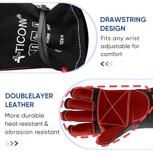 TICONN Welding Gloves, 16 IN L/XL/XXL 1000°F Heat-Resistant Fireproof Leather Gloves for Welders, Stick, Forge, Mig, Tig, BBQ 16" - L Black/Red
