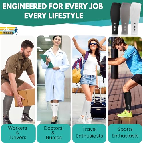 NEWZILL Compression Calf Sleeves (20-30mmHg) for Men & Women Perfect Option to Compression Socks for Running Travel Nursing S/M (see Size Chart) [3-pairs] Black/White/Gray