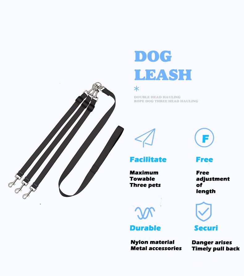 3 Dog Leash No Tangle，Asinpa，Double Dog Leash for Two Dogs，Triple Dog Leash, Adjustable, Durable Nylon, 360° Swivel No Tangle Climbing Rope Removable Pet Traction Rope (Black, 144cm-170cm) 144cm-170cm, adjustable Black - BeesActive Australia