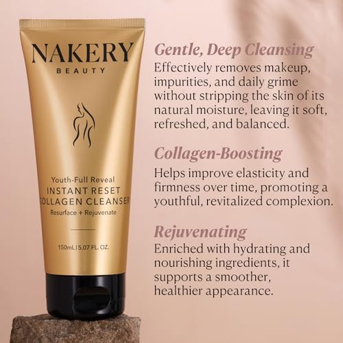 Nakery Face Cleanser for Women, Youth Revealer Facial Wash with Collagen, 10-in-1 Exfoliating Moisturizer for Dry and Textured Skin, Hydrating Formula for Smooth Plump Complexion Unscented
