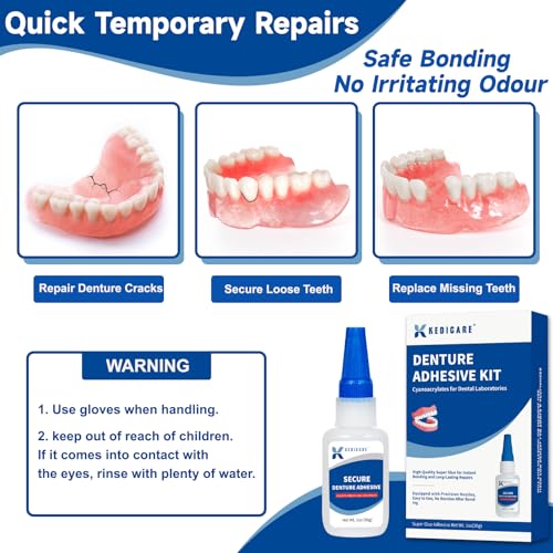 Dental Lab Denture Repair Glue Kit (1oz), Instant Bonding Denture Adhesive, Repair Cracks and Secure Loose Teeth, Safe Bonding No Irritating Odour