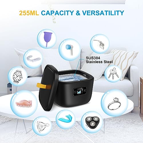 Ultrasonic Retainer Cleaner for Invisalign, Denture, Mouth Guard, Aligner, Toothbrush Head, 43kHz Newly Upgraded Ultrasonic Retainer Cleaner Machine, UV Ultrasonic Jewelry Cleaner with 255ML