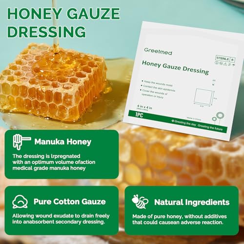 Greetmed Honey Gauze Wound Dressing 4" x 4" Medical Grade Manuka Honey Wound Care Pads Honey Bandages for 1st & 2nd-Degree Burns, Abrasions, Cuts and Scalds (Individually Pack of 10) 4“ x 4”(10 Packs)
