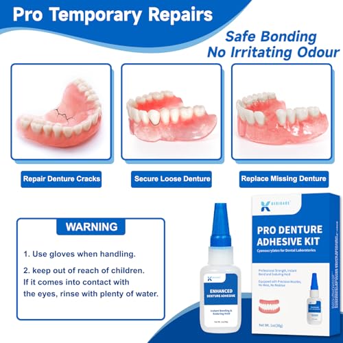 Dental Lab Denture Repair Adhesive Kit, 1oz Instant Bonding Denture Glue for Repairs Cracks, Fills Gaps, Secures Loose Teeth, Safe Bonding with No Irritating Odor