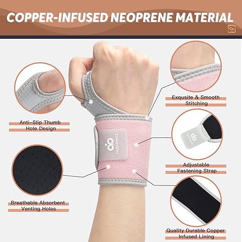 INDEEMAX Copper Carpal Tunnel Wrist Brace 2 Pack, Support for Pain Relief Pink