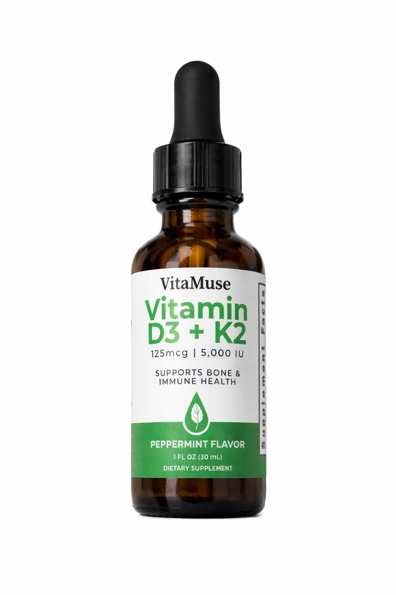 Vitamin D3 + K2 Drops, 5000 IU D3, 100 mcg K2 MK-7, Peppermint Flavor, Liquid Tincture with Organic Oils, Non-GMO, Gluten-Free, 1 fl oz