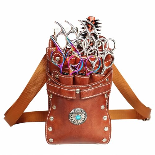 Hairstylist Waist Bag, 7-Slot PU Leather Barber Scissors Tool Bag Shear Holder, Detachable Hair Cutting Organizer for Combs, Clippers, and Spray Bottles (Coffee) Coffee