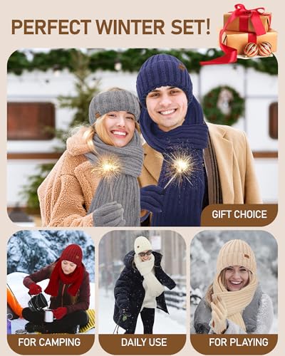 Women Winter Beanie Hat Scarf Gloves Headband Set, Fleece Lined Hat Ear Warmer Knit Long Scarf Touchscreen Gloves 4 Gift Set One Size White