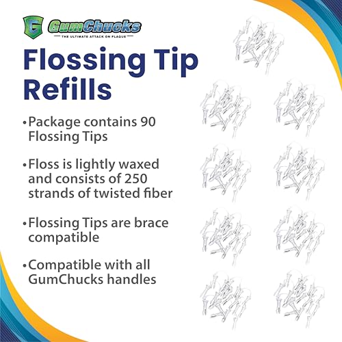 GumChucks Refill Tips - Floss Picks for Braces & Tight Teeth – Reusable Dual Handle Flosser – No Hands in Mouth - Easy for Kids, Adults & Seniors (90 Tips) Refill Tips (90)