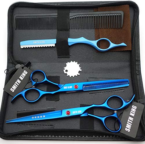 7.0 Inches Professional hair cutting thinning scissors set with razor (Blue) 7.0 Inch Blue