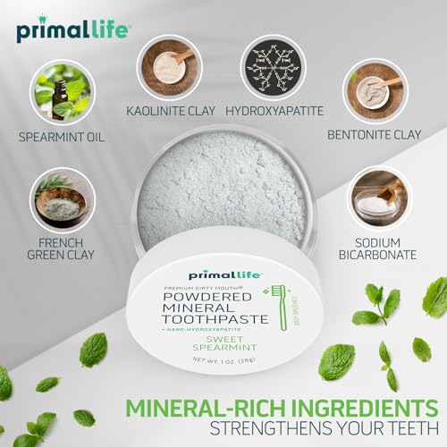 Primal Life Organics - Dirty Mouth Toothpowder, Tooth Cleaning Powder, Flavored Essential Oils with Natural Kaolin & Bentonite Clay, Good for 200+ Brushings, Organic, Vegan (Sweet Spearmint, 1 oz) Sweet Spearmint 1 Ounce (Pack of 1)