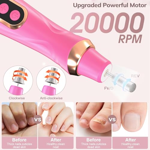 Professional Manicure Pedicure Kit Cordless Electric Nail File Set 6 Speed Cordless Nail Drill for Thick Nail Toenail Cuticle Hand Foot Care Nail Drill Tool(Rose) Rose
