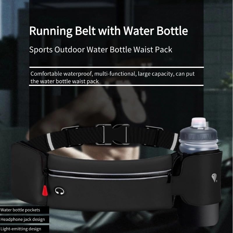 Running Belt with Water Bottle, Adjustable Elasticated Waistband Running Belt for Women, Breathable Running Hydration Belt, for Jogging Hiking Cycling (Black) Black