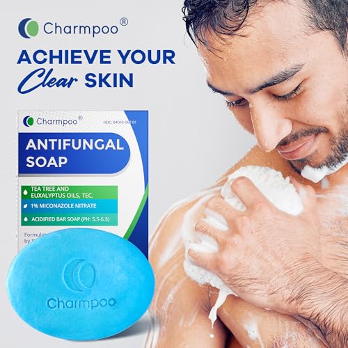 Charmpoo Antifungal Soap with Itch Relief: Effectively Relieve Itching Burning Cracking Caused by Jock Itch Athlete's Foot Ringworm Rashes - Gentle Acidified Bath Soap for Adults and Kids 4.5 oz